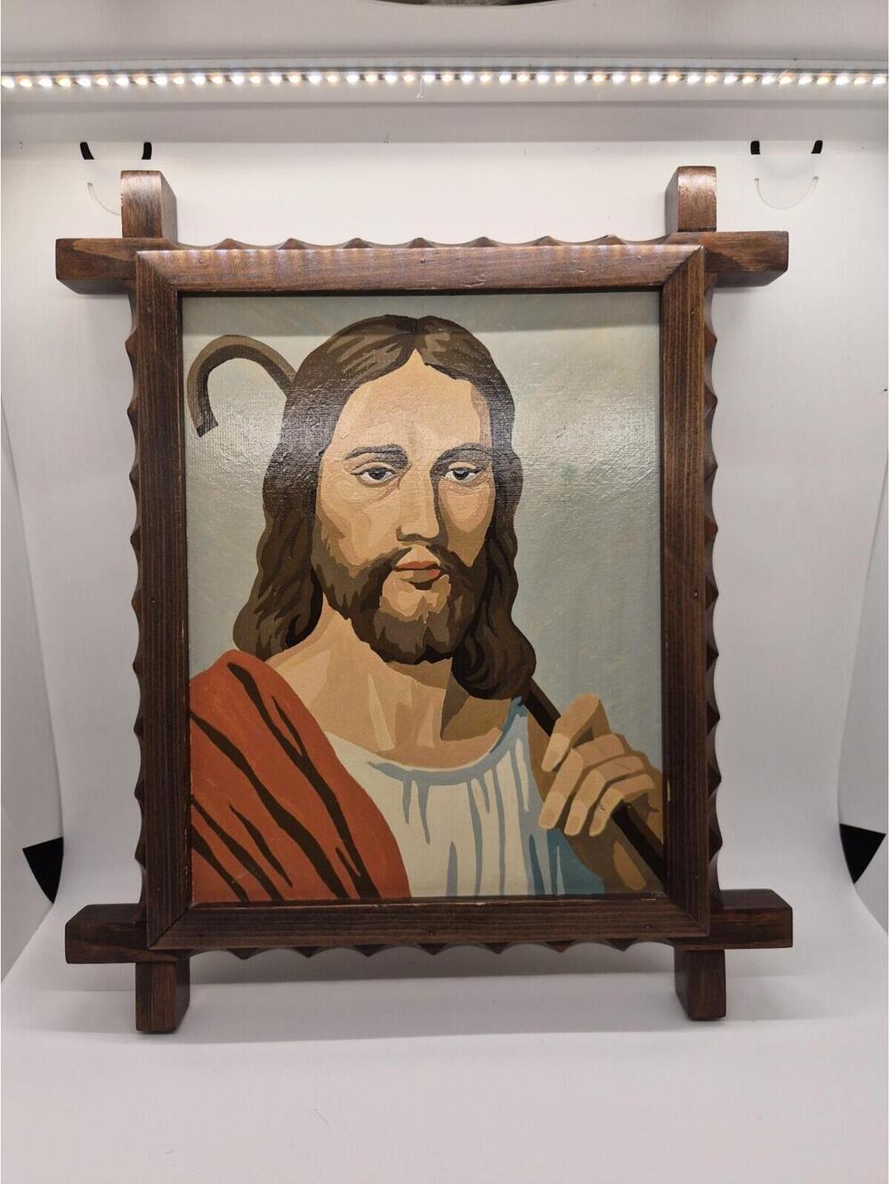 Vintage Paint By Number Jesus Portrait Beautiful Wooden Frame 8" By 10"